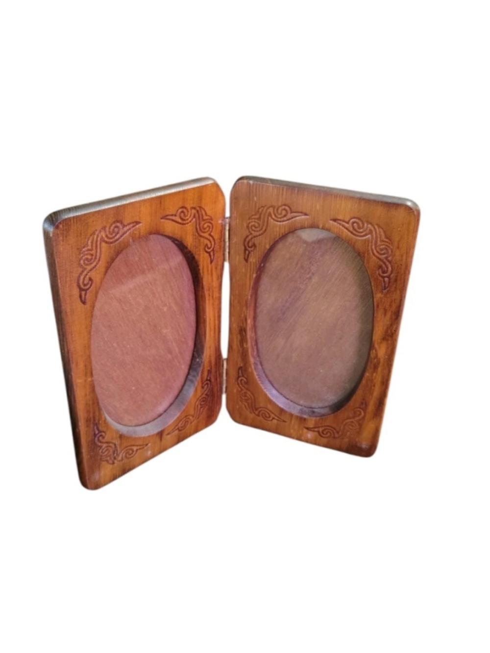 Vintage Carved Wood Dual Bi-Fold Picture Frame Double Oval Window Glass Front